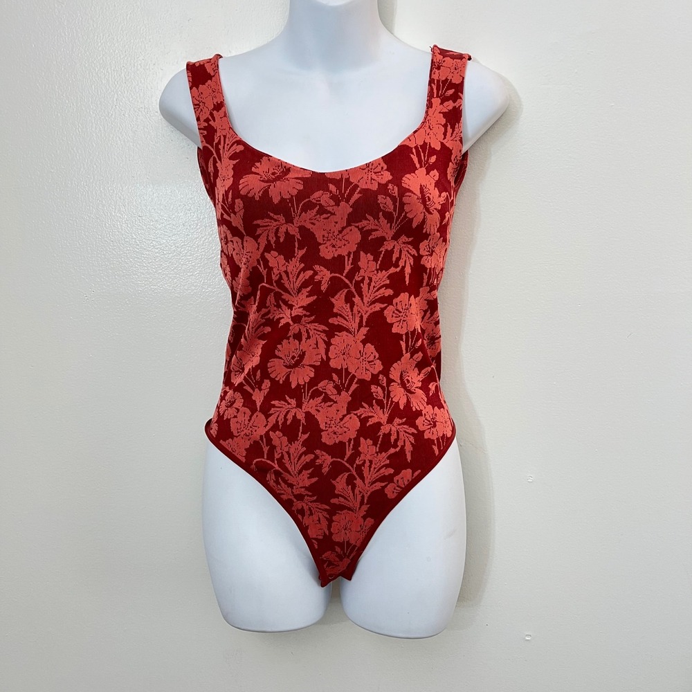 Free People Printed Clean Lines‎ Red Jacquard Print Bodysuit Swim Size S